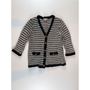 Cabi Womens Black White Striped Knit Cardigan Gold Button V-Neck Sweater Size M